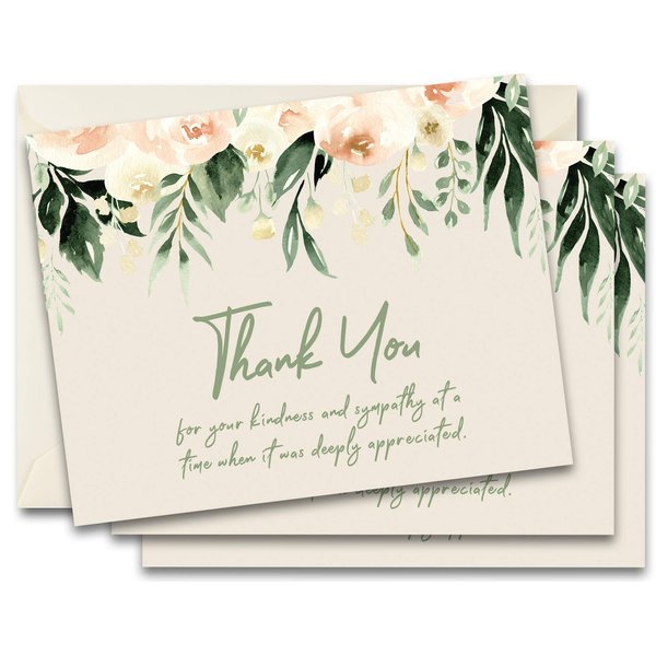 MPC Brands In Memory Of Blank Funeral Thank You Cards - Sympathy Bereavement Thank You Cards With Envelopes - Message Inside (25, Sage Floral)