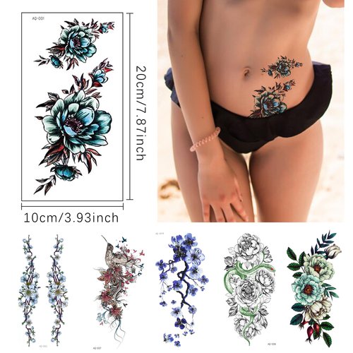 Fssqii 6 Sheets Sexy Flower Rose Temporary Tattoos for Women Girls Adult Body Art Fake Arm Tattoo Stickers Waterproof Bird Snake Floral Tattoo Temporary Neck Tatoo Fashion Creative Tattoo Stickers (A)