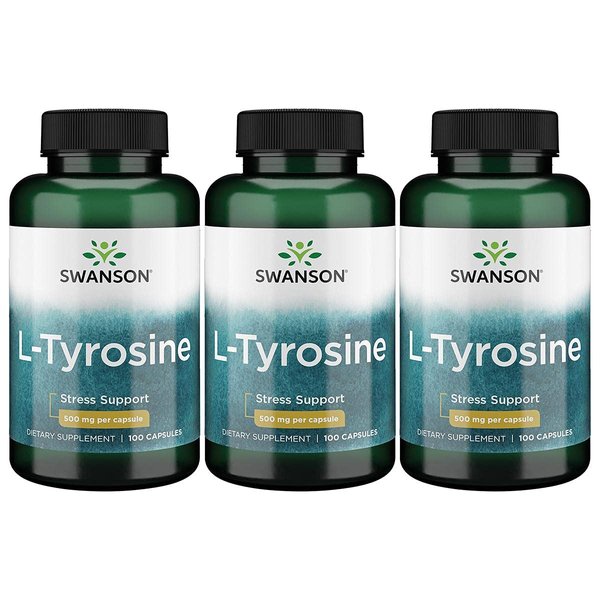 Swanson L-Tyrosine - Amino Acid Supplement Promoting Stress Support, Cognitive Function, and Mental Clarity - Helps Support Overall Brain Health - (100 Capsules, 500mg Each) 3 Pack