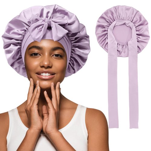 Satin Hair Bonnet Wide Band - Silk Like Sleeping Bonnets for Curly Hair Hair Wrap for Night Cap with Tie Band Breathable Satin Bonnet for Women and Girls(Purple)