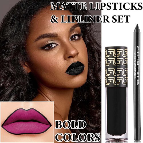 2 Pcs Lip Liner and Lipstick Set,Pigmented Velvet Lipgloss Kit Black Matte Lipstick Lip Liner Set,Waterproof Black Lip Gloss Stain Liquid Lipstick Set Cosplay Halloween Goth Makeup Gift Kit