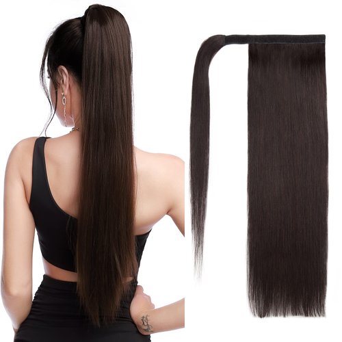 Remy Human Hair Clip in Ponytail Hair Extensions Wrap Around Pony Tails Hairpiece Long Straight Comb Binding One Piece for Women Girl 20 inch Natural Off Black #1B