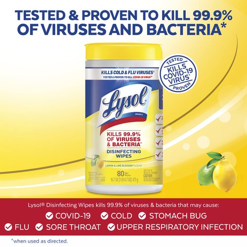 Lysol Disinfectant Wipes, Multi-Surface Antibacterial Cleaning Wipes, For Disinfecting and Cleaning, Lemon and Lime Blossom, 80 Count (Pack of 1)