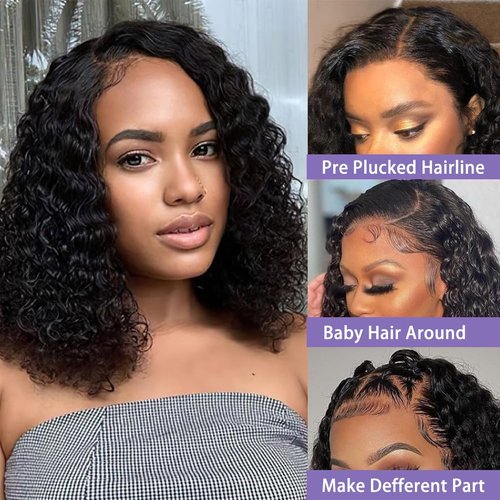 Sungirl Bob Wig Human Hair 13x4 Deep Wave Curly Lace Front Wigs Human Hair For Women Short Bob Human Hair Wig Pre Plucked with Baby Hair Glueless Hair Curly Wigs Nature Hairline 180% Density 10 Inch