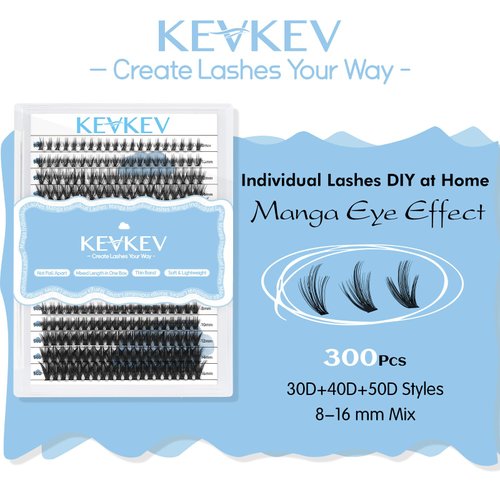 KevKev Lash Clusters 300Pcs Individual Lashes Manga Lashes 30D+40D+50D Eyelash Clusters Eyelash Extensions Cluster Lashes Thin Band & Soft (Manga 30+40+50D, D-8-16mix)