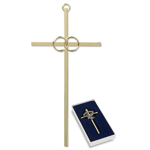 Interlocking Wedding Rings 8 Inch Brass Cross in Gift Box