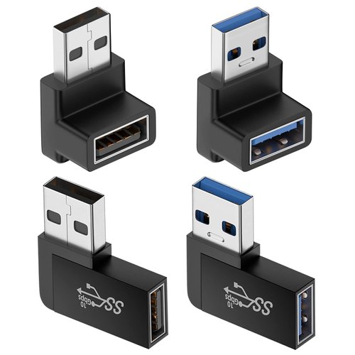 Jadebones 90 Degree USB 3.0 Adapter (4 Pack), Vertical Up and Down Angle, Horizontal Left and Right Angle USB Male to Female Extender Connector