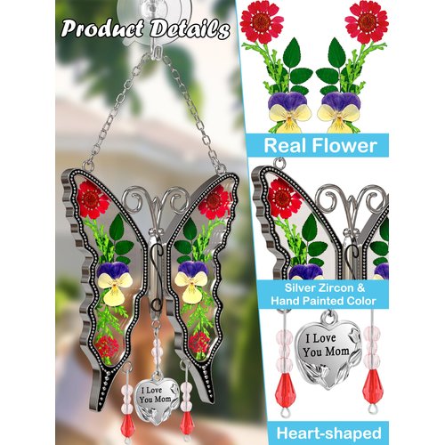 KY&BOSAM Gifts for Mom Suncatcher Butterfly Mom Gifts Mothers Day I Love You Mom Stained Glass Sun Catcher Hanging Wind Chime Ornament for Window Gift for Mother`s Day Valentine`s Birthday Christmas