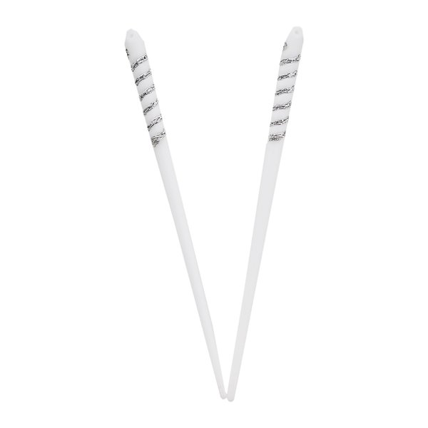 Set of Two 7 inch Long Plastic Hair Sticks with Silver Swirl for Women - White
