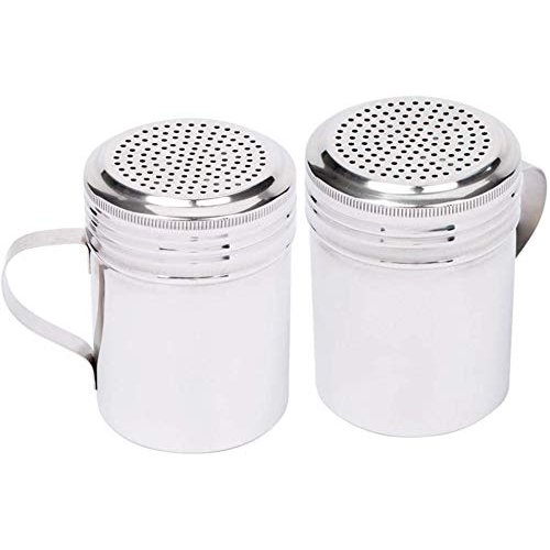 (Set of 2) 10 Oz Stainless Steel Dredge Shaker with Handle, Spice Dispenser for Cooking/Baking by Tezzorio