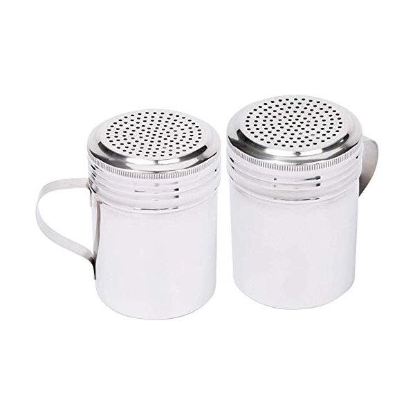 (Set of 2) 10 Oz Stainless Steel Dredge Shaker with Handle, Spice Dispenser for Cooking/Baking by Tezzorio