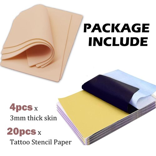 3mm Fake Skin Practice Kit- Urknall 4pcs Tattoo Skin with 20pcs Stencil Paper 3mm Thick Tattoo Practice Skin Double Sides Fake Skin with Tattoo Paper Blank Tattoo Skin Practice