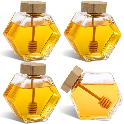 DEAYOU 4 Pack Honey Pot, Glass Honey Pot with Wooden Dipper, Honey Container Storage, Clear Honeypot for Home, Kitchen