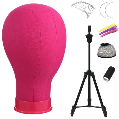 lucicass Wig Head 23 Inch Canvas Block Head Wig Stand with Mannequin Head 55" Wig Stand Tripod with Head Mannequin Head Stand with Head for Wigs Making Display(23Inch, Rose)