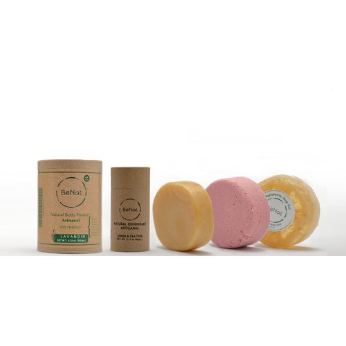 BeNat. All-Natural Personal Care Bundle. 5-Pack. (1) Zero-Waste Deodorant, (1) Eco-Friendly Body Powder, (1) Shampoo Bar, (1) Conditioner Bar, (1) Artisanal Soap Bar