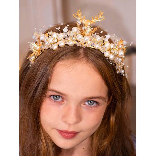Brishow Antler Christmas Crown Gold Pearl Bridal Tiara Sparkly Fairy Headpiece for Women