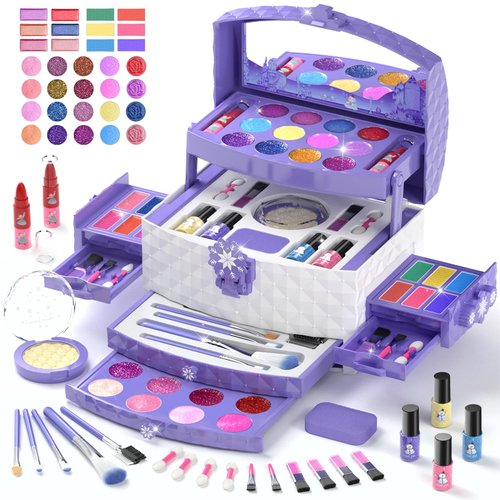 GirlsHome Kids Makeup Set for Girl 56 Pcs Washable Real Cosmetic, Non-Toxic Frozen Toys Toddler Makeup Kit, Frozen Princess Dress up Kit Christmas & Birthday Girl Gift for 3-12 (Frozen Purple)