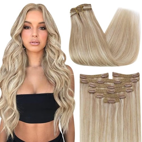 Sunny Blonde Clip in Hair Extensions Real Human Hair Ash Blonde Highlighted Bleach Blonde Human Hair Clip in Extensions Double Weft Hair Extensions Clip ins Blonde Hair Extensions 7pcs 120g 16inch