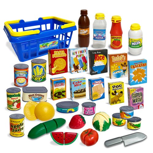 Small World Toys Kids Grocery Basket Play Food Set, Pretend Food Kids Shopping Basket Toddler Playset, 32 Pcs Grocery Food Play Kitchen Accessories, Educational Toddler Toys for Girls & Boys