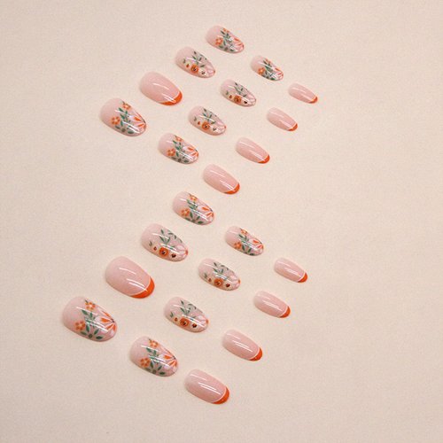 Short Press on Nails Oval Fall Orange French Tip Fake Nails with Cute Flower Designs Acrylic Nails Press ons Reusable Glue on Nails for Women Daily Wear 24 Pcs