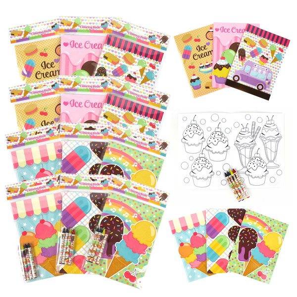 Tiny Mills Ice Cream Coloring Books with Crayons Party Favors with 12 Coloring Books and 48 Crayons, Favor Bag Filler, Carnival Giveaways