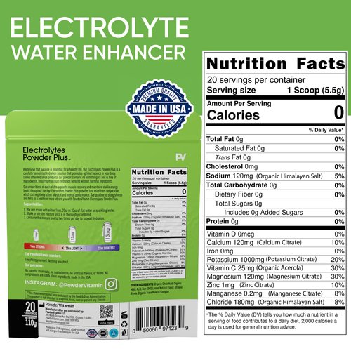PowderVitamin Electrolytes Powder Plus (20 Servings) Lemonade Electrolyte Powder, No Maltodextrin, Keto,Sugar Free,Pink Himalayan Salt,1000mg Potassium,120mg Calcium,120mg Magnesium,Hydration Powder