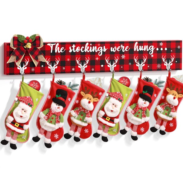 Christmas Stocking Holder with 6 Hangers Wall Hanging Buffalo Plaid Christmas Stocking Hangers for Mantel Fireplace Christmas Stocking Hooks Collapsible The Stockings were Hung Wooden Sign 28.4 inch