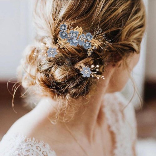 Foyte Crystal Leaf Wedding Hair Comb and Hair Pins Blue Flower Headpiece Rhinestone Gold Hair Piece Bride Pearl Hair Accessories Set for Women
