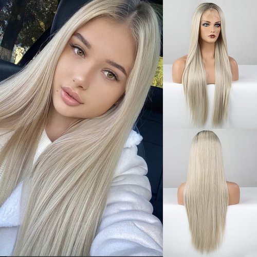 HAIRCUBE Blonde Lace Front Wigs, Ombre Platinum Blonde Long Straight Wigs Natural Hairline with Baby Hair 26 Inch