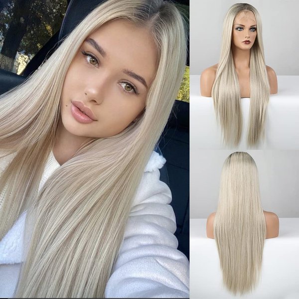 HAIRCUBE Blonde Lace Front Wigs, Ombre Platinum Blonde Long Straight Wigs Natural Hairline with Baby Hair 26 Inch