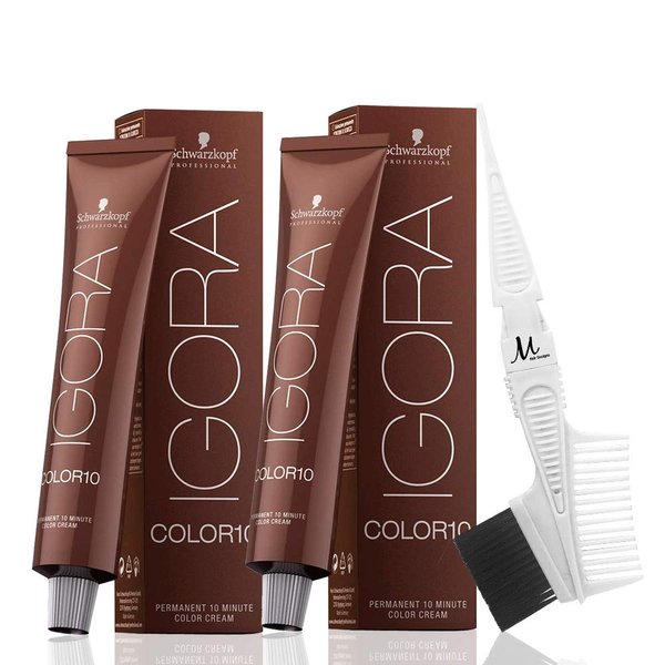 Igora Color 10 4-00 Medium Brown Natural Extra Permanent 10 Minute Hair Color Cream and M Hair Designs Tint Brush/Comb (Bundle 3 items)