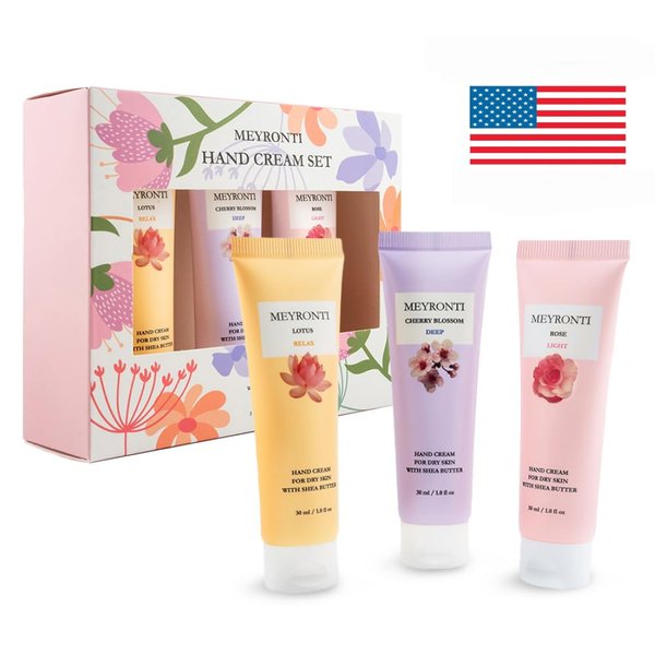 Hand Cream Gift Set for Dry Skin - Rose & Lotus & Cherry Blossom - Made in USA - 3 x 30 ml / 1.01 Fl Oz - Shea Butter, Natural Oils, Vitamin E Cream for Women - Travel Size / Carry On Bag