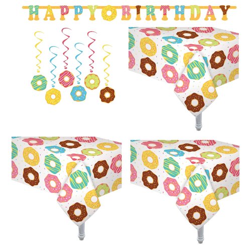 Oojami 3 Pack Donut Theme Table Cover Donut Theme Tablecloth Party Supplies Ideal for Birthday Parties, Baby Showers, Donut Party Includes 6 Donut Swirls 1 Happy Birthday Donut Banner