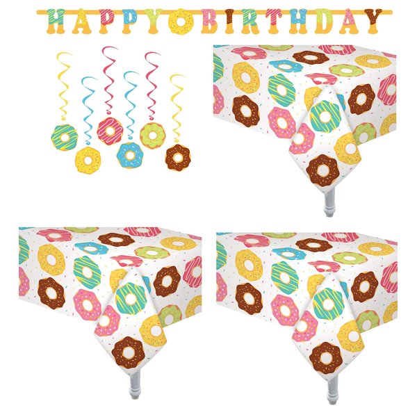 Oojami 3 Pack Donut Theme Table Cover Donut Theme Tablecloth Party Supplies Ideal for Birthday Parties, Baby Showers, Donut Party Includes 6 Donut Swirls 1 Happy Birthday Donut Banner