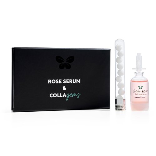 Bevanni Golden ROSE Serum + CollaGEMS - Pure Rose Essential Oil with Colloidal Gold, Hyaluronic Acid & Vitamin C & Collagen Balls - Daily Face Routine for Anti-aging, Firming, Restore & Brighten Skin