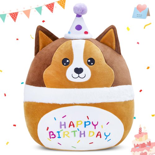 Houwsbaby 12" Happy Birthday Dog Plush Pillow with Party Hat, Creative Brown Collie Stuffed Animal, Soft and Cute Happy Birthday Plush Toy for Kids and Adults
