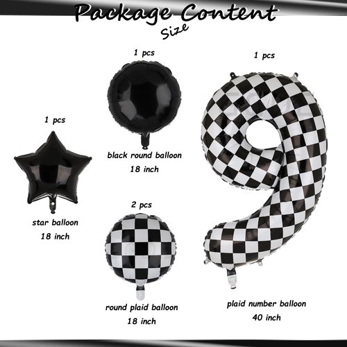 40 Inch Checkered Number Balloon 9 Black and White Race Car Birthday Balloons Baby Hippie Smile Party Shower Boys 9th Birthday Race Car Theme Party Decor Supplies 5 Pcs