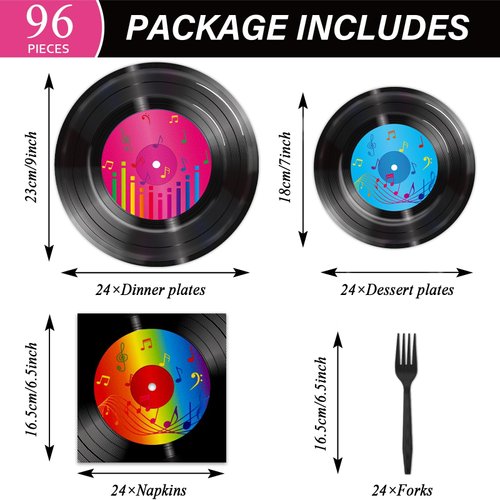 96 Pieces Record Paper Plates 50's Theme Party Decorations Record Plates and Napkins for Party Retro Vinyl Record Party Dessert Plates 1950's Tableware Set Music Party Supplies