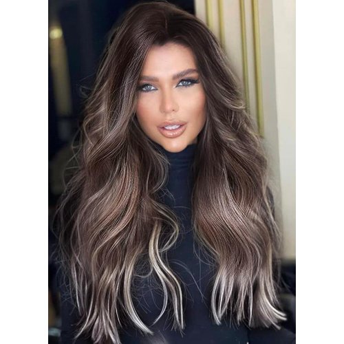 EALGA Natural Looking Ombre Brown Blonde Wigs for Women, Wavy Wig,3 Tone Synthetic Hair Wig with Dark Roots 24 inch EALGA-230