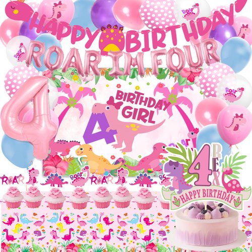 Roar Im 4 Dinosaur Party Decorations Girl,Pink Dino Four Roar Balloons, Roar I am Four Birthday Party Decorations,4th Birthday Decorations Girl.