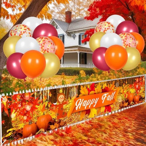 Happy Fall Party Banner Balloon Decorations Orange Happy Fall Yard Banner 20PCS Balloons for Thanksgiving Party Autumn Leaves Pumpkin Scarecrow Maple Decor Harvest Yard Sign Outdoor Fall Supplies