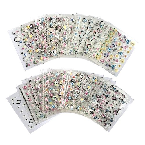 Valuu 50 Sheets Self-adhesive 3D Nail Stickers Black White Colorful Flower Nail Decals For Girl Children Kids Fingernails & Toenails DIY Decoration Tips