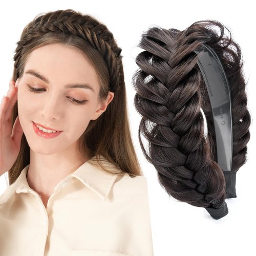 BOBIYA Wide Braided Headband with Teeth Braid Headbands With Teeth for Women Braided Hair Headbands with Tooth (Deep Brown)