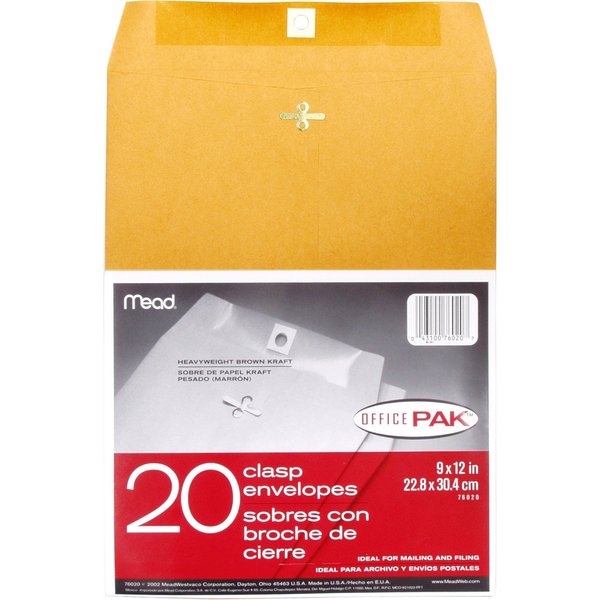 Mead Mailing Envelopes, Clasp Closure, 9" X 12", All-Purpose 24-lb Paper, Brown Kraft Material, 20 per Box (76020)