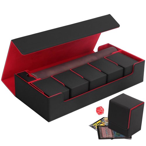Scimi Premium Trading Card Storage Case TCG Deck Box Case Holds 800+ Sleeved Cards for MTG, YuGiOh, Uno, Sport Cards with Mat Case and Strong Magnet Closure (Black & Red)