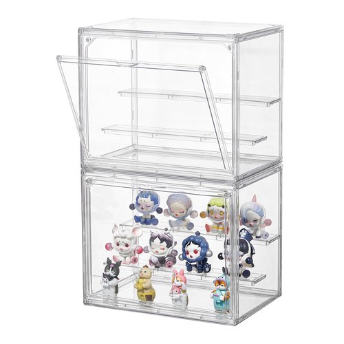 Clear Acrylic Display Case,2 Pack 3 Tier Adjustable Display Box Stand with 2 Movable Plates, Small Showcase Magnetic Door for Mini Action Figures Collectibles (Small