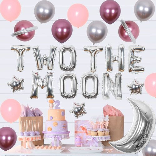 Two the Moon Birthday Decorations for Girl-Space 2nd Birthday Party Supplies Outer Space Astronaut Second Party Decor with Two The Moon Foil Balloon Banner Silver Moon and Star Foil Balloons