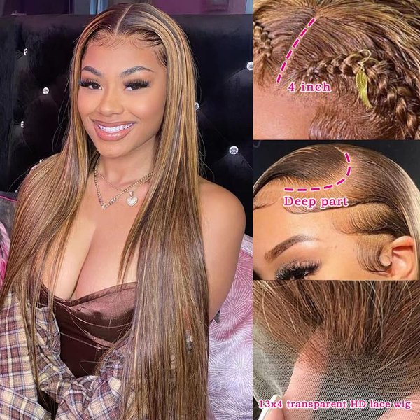 DDSNNT Highlight Ombre Lace Front Wig Human Hair 13x4 HD Straight Lace Front Wigs 180% Density 4/27 Straight Lace Frontal Wigs Human Hair Pre Plucked with Baby Hair