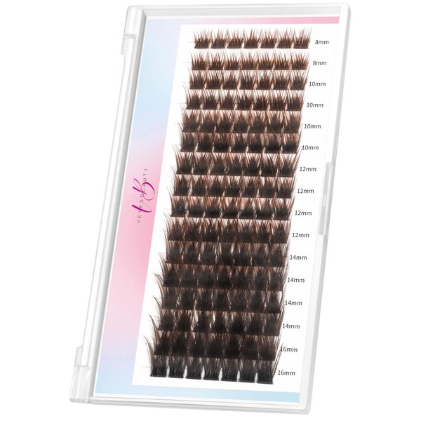 VEYESBEAUTY Brown Lash Clusters DIY Individual Lash Extensions Natural & Wispy Colored Lash Clusters Ombre Brown Volume Eyelashes 8-16mm Mix Length Tray for Self Application