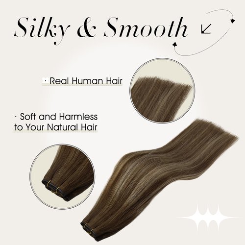 Full Shine Genius Weft Hair Extensions Real Human Hair Hand Tied Hair Extensions Remy Hair Color Medium Brown To Honey Blonde Highlight Medium Brown Human Hair Weft Sew In Hair Extensions 60G 20 Inch